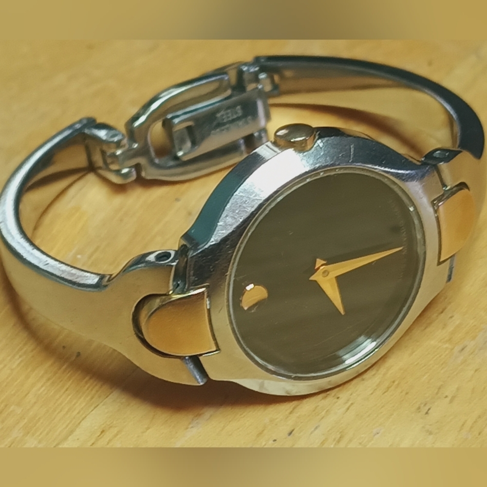X Ladies Museum Classic Movado Black and Gold SS Bangle Watch 2 hand movement